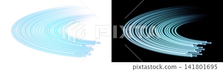 Fiber optic light beam, cyan, transparent background, decorative material. 141801695