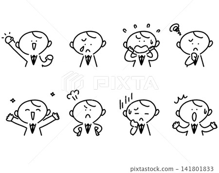 A set of cute, hand-drawn expressions of businessmen: line art depicting joy, anxiety, distress, anger, surprise, and worry. A set of cute, hand-drawn expressions of businessmen: line art depicting joy, anxiety, distress, anger, surprise, and worry. 141801833