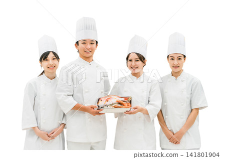 Chefs and cooks in chef coats standing in the kitchen Chefs and cooks in chef coats standing in the kitchen 141801904