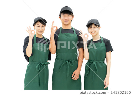 Male and female kitchen staff and cooking staff in the kitchen and back yard (ok, praise, nice) Male and female kitchen staff and cooking staff in the kitchen and back yard (ok, praise, nice) 141802190