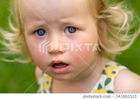 Worried Toddler Girl With Open Mouth Outdoors Worried Toddler Girl With Open Mouth Outdoors 141802323