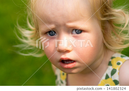 Serious Blonde Toddler Looking Aside in Summer Park Serious Blonde Toddler Looking Aside in Summer Park 141802324