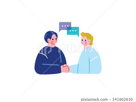 An illustration of a Japanese man shaking hands with a white man. An illustration of a Japanese man shaking hands with a white man. 141802630