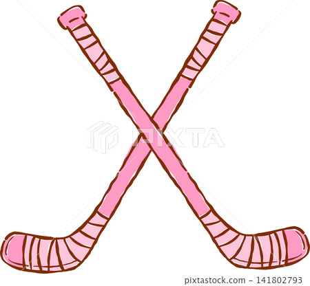 Crossed Pink Hockey Sticks Hand Drawn Whimsical Illustration Crossed Pink Hockey Sticks Hand Drawn Whimsical Illustration 141802793