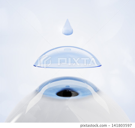 Clear blue 3D contact lens floating over human eyeball with moist water drop falling, liquid solution. Eye care, vision correction, ophthalmology, hydration, medical optics technology. 3D illustration Clear blue 3D contact lens floating over human eyeball with moist water drop falling, liquid solution. Eye care, vision correction, ophthalmology, hydration, medical optics technology. 3D illustration 141803597