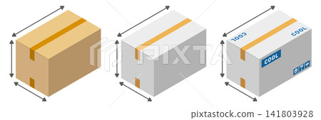 A set of illustrations of cardboard boxes with dimension arrows and a cool delivery mark. A set of illustrations of cardboard boxes with dimension arrows and a cool delivery mark. 141803928