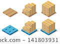 Logistical materials: cardboard boxes stacked on wooden and plastic pallets. 141803931