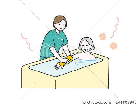 An illustration depicting a caregiver assisting elderly people with bathing. An illustration depicting a caregiver assisting elderly people with bathing. 141803993