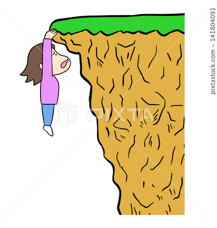 A comical illustration of a young woman clinging to a cliff with both hands, desperately trying to avoid falling off. A comical illustration of a young woman clinging to a cliff with both hands, desperately trying to avoid falling off. 141804091