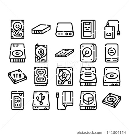 Computer data storage devices line icons collection Computer data storage devices line icons collection 141804154