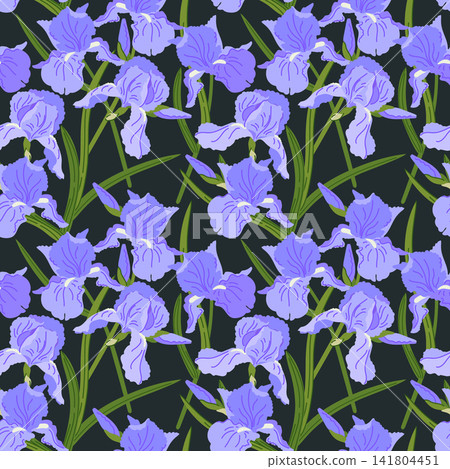 Vector illustrations of irises. Seamless pattern of spring blue flowers. Vintage romantic print in Art Nouveau style. Background for wedding invitations and greeting cards. Perfect for textile design. Vector illustrations of irises. Seamless pattern of spring blue flowers. Vintage romantic print in Art Nouveau style. Background for wedding invitations and greeting cards. Perfect for textile design. 141804451