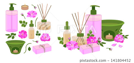 Damask rose flowers, reed diffuser, dropper bottle, essential oils, liquid soap dispenser, and aroma lamp. Vector aromatherapy products set. Ideal for spas, wellness and beauty treatments. Flat style. Damask rose flowers, reed diffuser, dropper bottle, essential oils, liquid soap dispenser, and aroma lamp. Vector aromatherapy products set. Ideal for spas, wellness and beauty treatments. Flat style. 141804452