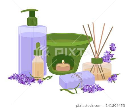 Vector Aromatherapy Products. A composition with lavender, reed diffuser, bottle with dropper, essential oils, liquid soap dispenser and aroma lamp. Perfect for spas, wellness, beauty treatments. Vector Aromatherapy Products. A composition with lavender, reed diffuser, bottle with dropper, essential oils, liquid soap dispenser and aroma lamp. Perfect for spas, wellness, beauty treatments. 141804453