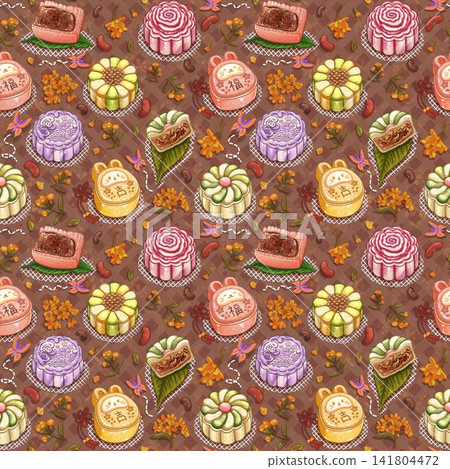 Mid-Autumn Festival Mooncake Seamless Pattern in Warm Brown Tones Mid-Autumn Festival Mooncake Seamless Pattern in Warm Brown Tones 141804472