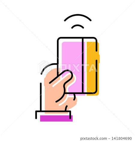 Hand holding smartphone performing contactless mobile payment 141804690