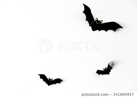 Cute Halloween bat decorations on white background. Minimal spooky design for seasonal greeting or party concept. Copy space Cute Halloween bat decorations on white background. Minimal spooky design for seasonal greeting or party concept. Copy space 141804957