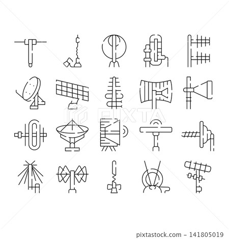 Wireless communication antenna receiving signal collection line icons Wireless communication antenna receiving signal collection line icons 141805019