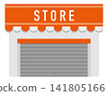 An illustration of a shop building with closed shutters and an orange roof. 141805166