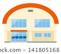 An illustration of a school gymnasium building with an orange, round roof. 141805168