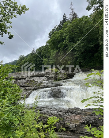 “瀑布流經綠意盎然的山谷（垂直視圖）” 141805678