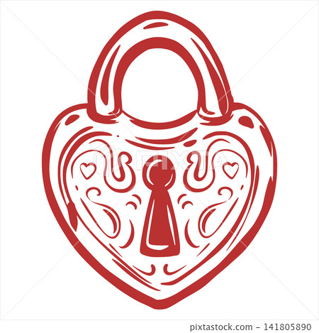 A vector heart shaped lock with ornate swirls. Symbol of love devotion for Valentine's Day. Clipart for greeting card, wedding invitation. Line sketch in a Coquette style. 141805890