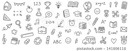 School Education Doodle Icon Set with Backpack, Books, Globe, Pencil, Calculator, Science, Math, Music, Art and Classroom Supplies Isolated School Education Doodle Icon Set with Backpack, Books, Globe, Pencil, Calculator, Science, Math, Music, Art and Classroom Supplies Isolated 141806118
