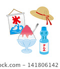 Shaved ice, ramune soda, and a straw hat (illustration) 141806142