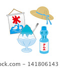 Shaved ice, ramune soda, and a straw hat (illustration) 141806143