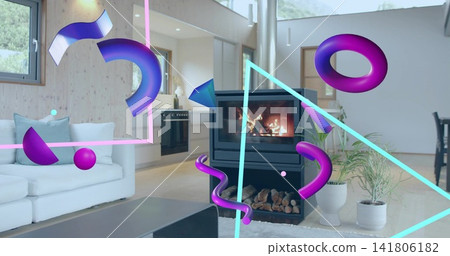 Burning freestanding black stove glowing in open-plan home, with purple 3D shapes and cyan overlays Burning freestanding black stove glowing in open-plan home, with purple 3D shapes and cyan overlays 141806182