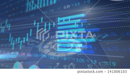 Showing finance dashboard on dark panel with glowing HUD, blue bars, line graphs, numeric data Showing finance dashboard on dark panel with glowing HUD, blue bars, line graphs, numeric data 141806183