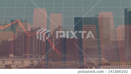 Displaying city skyline merging with finance chart overlays from elevated view, with red line graph Displaying city skyline merging with finance chart overlays from elevated view, with red line graph 141806202