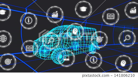 Displaying cyan wireframe vehicle in virtual stage, linking circular holographic icons Displaying cyan wireframe vehicle in virtual stage, linking circular holographic icons 141806210