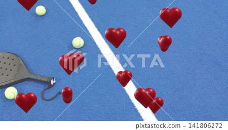 Floating red 3D heart graphics covering blue court with white line, black racket and yellow balls Floating red 3D heart graphics covering blue court with white line, black racket and yellow balls 141806272