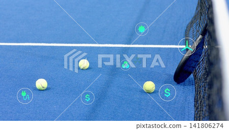 Featuring four yellow-green tennis balls, racket leaning on net at blue court, teal icons, baseline Featuring four yellow-green tennis balls, racket leaning on net at blue court, teal icons, baseline 141806274