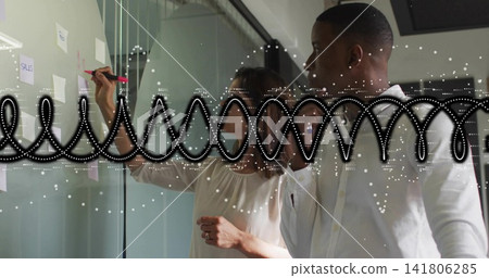 Writing woman and watching man in shirts planning at glass board with pink marker Post-its waveform Writing woman and watching man in shirts planning at glass board with pink marker Post-its waveform 141806285