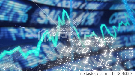 Displaying turquoise trend line streaming across trading screen, with dotted mesh and binary digits Displaying turquoise trend line streaming across trading screen, with dotted mesh and binary digits 141806330