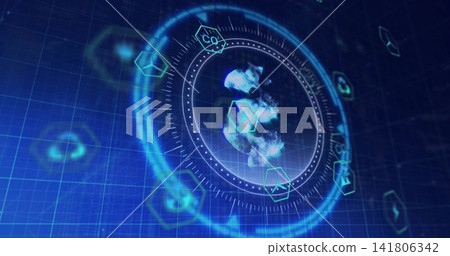 Displaying circular hologram interface rotating and pulsing over blue grid, with CO2 hex icons 141806342