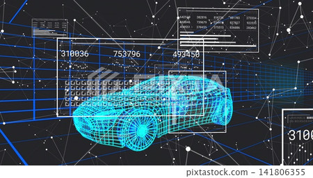 Rotating cyan wireframe sports car 3D model displaying HUD numeric readouts and grid in virtual lab Rotating cyan wireframe sports car 3D model displaying HUD numeric readouts and grid in virtual lab 141806355