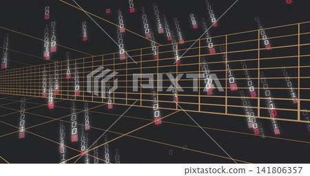Glowing orange wireframe grid receding into cyberspace, showing binary columns and red markers Glowing orange wireframe grid receding into cyberspace, showing binary columns and red markers 141806357