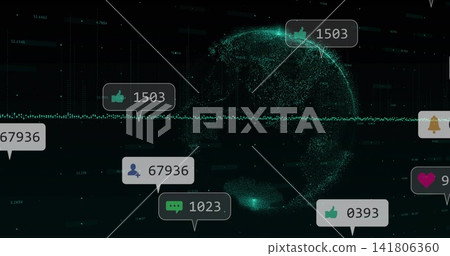 Animating pointcloud globe glowing right in data dashboard, with waveform, alerts and counters Animating pointcloud globe glowing right in data dashboard, with waveform, alerts and counters 141806360
