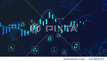 Displaying cyan candlestick bars and blue green trend line on dashboard, with energy icon tiles 141806361