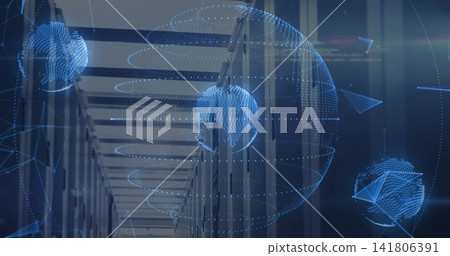 Floating holographic globes hovering above server rack corridor, showing orbital rings and LEDs Floating holographic globes hovering above server rack corridor, showing orbital rings and LEDs 141806391
