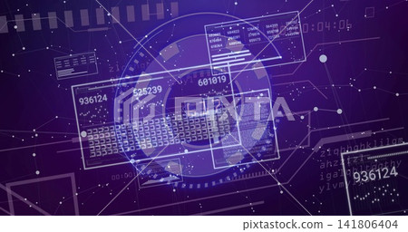 Displaying central translucent HUD and data panels in virtual network, showing keyboard grid codes Displaying central translucent HUD and data panels in virtual network, showing keyboard grid codes 141806404