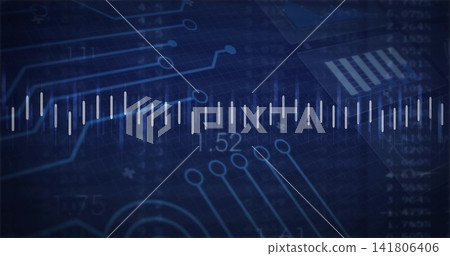 Displaying horizontal band of white vertical bars on deep blue tech interface with circuit grid 52 Displaying horizontal band of white vertical bars on deep blue tech interface with circuit grid 52 141806406
