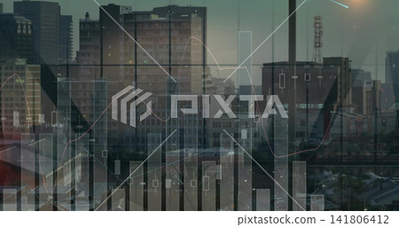 Displaying translucent financial charts sweeping over urban skyline at dusk, with candlestick boxes Displaying translucent financial charts sweeping over urban skyline at dusk, with candlestick boxes 141806412
