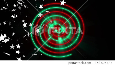 Spiraling neon red-green rings producing glowing core and radial streaks on black void, left stars Spiraling neon red-green rings producing glowing core and radial streaks on black void, left stars 141806482