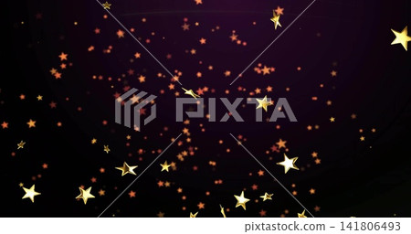 Glowing gold-outlined stars drifting across dark purple-black gradient, with orange-red bokeh Glowing gold-outlined stars drifting across dark purple-black gradient, with orange-red bokeh 141806493