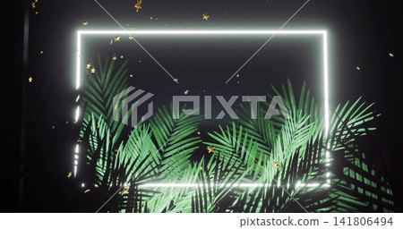 Glowing white neon rectangular frame lighting green palms in dark studio, gold confetti drifting Glowing white neon rectangular frame lighting green palms in dark studio, gold confetti drifting 141806494