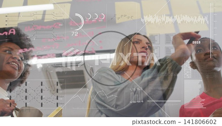 Working three women in blazer, red top, writing on glass board with yellow notebook, HUD overlays 141806602
