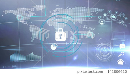 Displaying central white padlock pulsing over security panel, showing turquoise rings, dotted map Displaying central white padlock pulsing over security panel, showing turquoise rings, dotted map 141806610